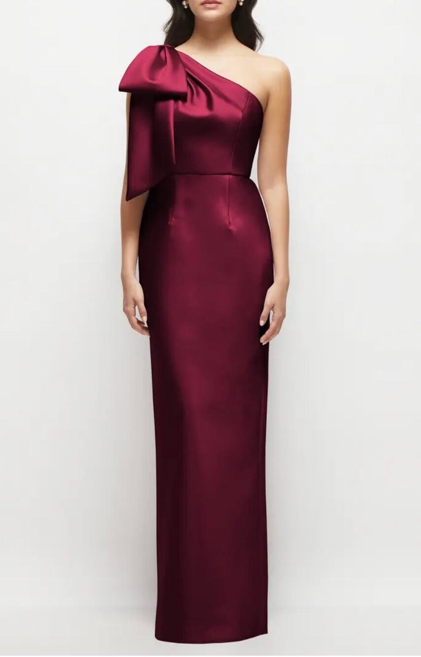 Alfred Sung Bow Detail One-Shoulder Satin Twill
Column Gown 10 Color: Cabernet